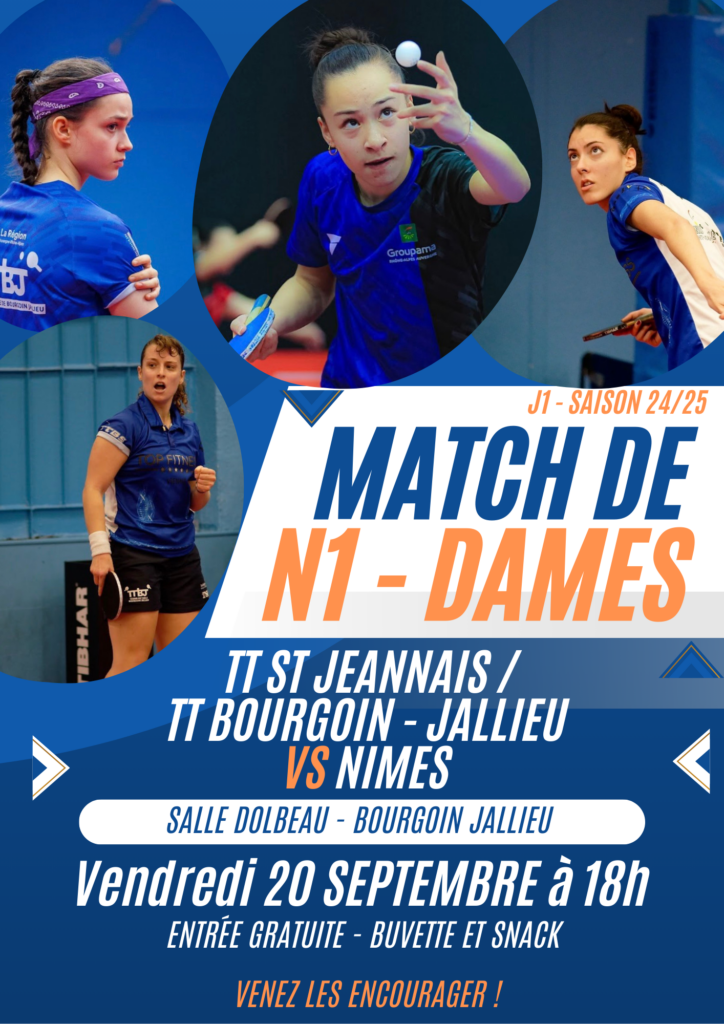 Lancement de saison N1-Dames à Bourgoin-Jallieu !Ce vendredi à 18h, notre équipe féminine de Nationale 1 affronte Nîmes pour la première journée de championnat. L’entrée est gratuite, et une buvette sera disponible pour vous rafraîchir. Venez nombreux encourager nos joueuses et profiter de cette belle soirée sportive ! 